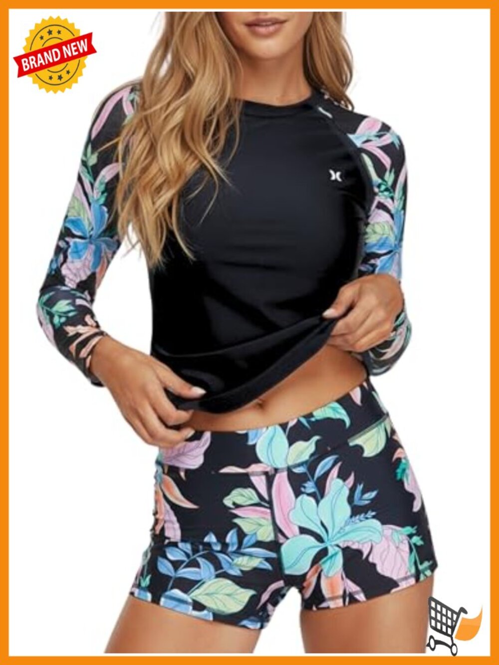 Hurley Women's Long Sleeve Rash Guard & Swim Shorts Set UPF 50+ Sun Protection